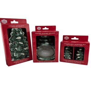 Holiday Time Ceramic Christmas Tree Spoon Rest Scrubby Holder Salt Pepper Set